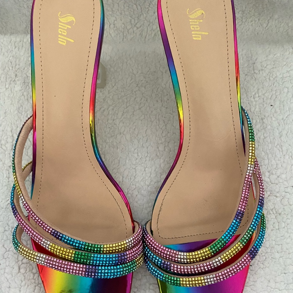 Colorblock Rhinestone Decor Pyramid Heeled Mules Size 10 - Picture 3 of 12